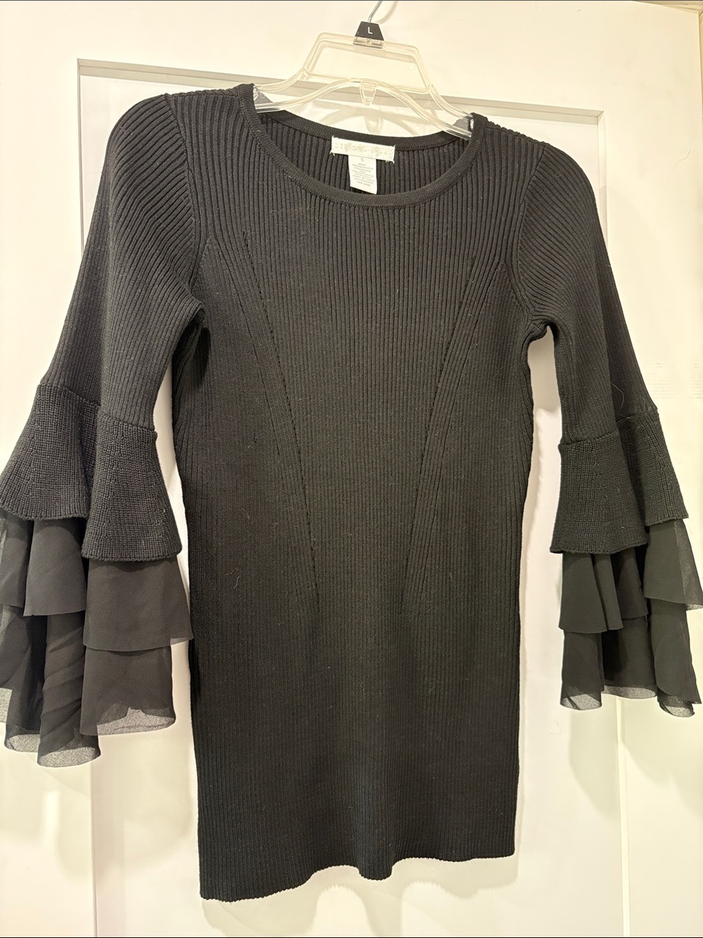 Black Ribbed Knit Top with Tiered Bell Sleeves